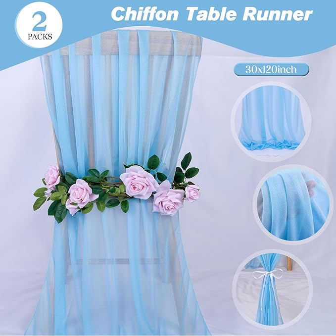 2 Packs 30 x 120 Inches Baby Blue Chiffon Table Runner 10ft Boho Gauze Table Runner for Wedding Decor, Rustic 120inch Long Table Runner for Wedding Bridal Baby Shower Party Decorations