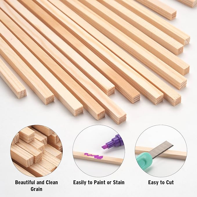 1/8" x 12" Square Wooden Dowel Rods Wood Square Dowels for Crafting, 100PCS Small Unfinished Wood Craft Sticks Hardwood Sticks Wooden Strips for Arts and DIYers, Miniature Buildings, Woodworking