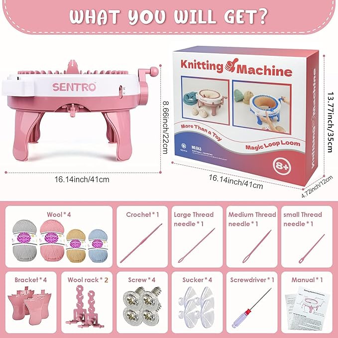 SENTRO 48 Needles Knitting Machine with Row Counter and Plain/Tube Weave Conversion Key, Efficiently DIY Scarf Hat Sock (48 Pink)