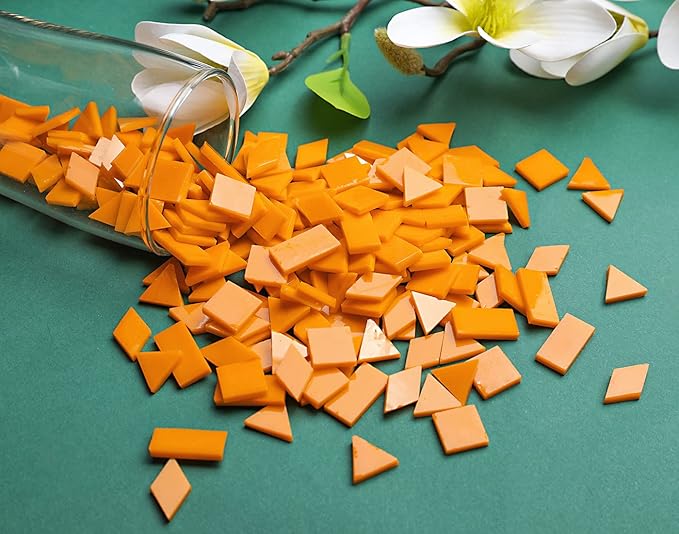 Lanyani Glass Mosaic Tiles for Art Crafts, 4 Shapes Mixed Tiffany Stained Glass Pieces, 200 Pieces, Square/Rectangle/Diamond/Triangle,Orange