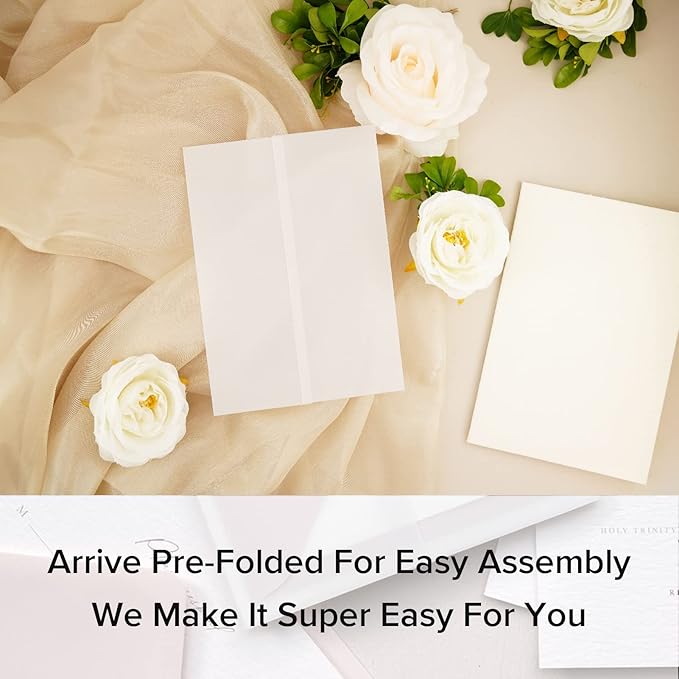 Puremigo 60 Pack Luxury Pre-Folded Vellum Jackets for 5x7 Invitations - Vellum Paper 5x7 Jackets - 115GSM Wedding Invitations Wraps - Transparent