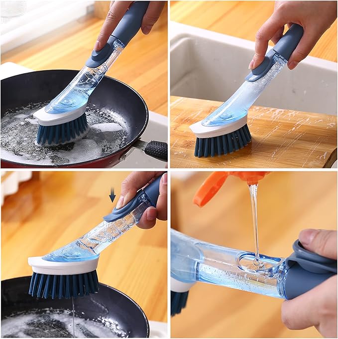 Soap Dispensing Dish Brush with 4 Replaceable Heads, Updated No Leaking Soap Dish Scrubber Soap Dispenser, Kitchen Dish Brush with Soap Dispenser for Pot Pan Sink Cleaning(Blue)