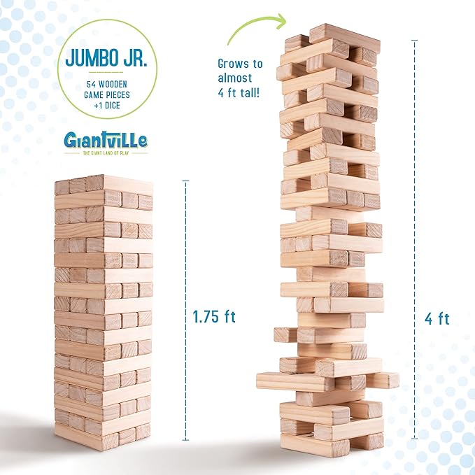 Giantville Giant Tumbling Timber Toy - Premium Pine Wood Life-Size Blocks Tower - Big Floor/Board Indoor/Outdoor Yard Game for Kids & Adults - 54-Pieces + Dice + Carry Bag - Grows to Almost 4-Feet