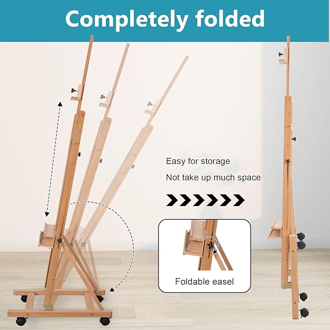 H-Frame Studio Easel, Beechwood Artist Easel with Wheels and Storage Tray, Adjustable Floor Easel Stand Holding Canvas up to 51Inches for Painting, Natural