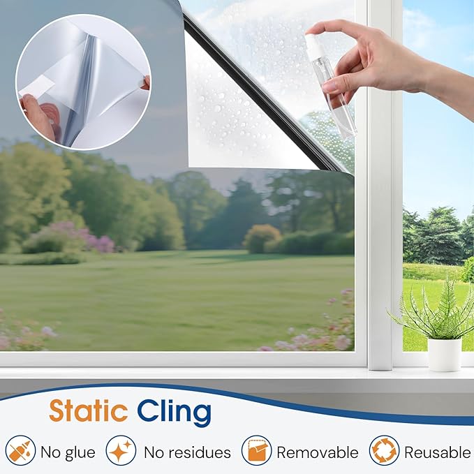 Homein One Way Privacy Window Film with Tool Window Tint for Home See Out Not in Heat Control Sun Blocking Mirror Reflective Anti UV Covering Static Cling No Glue Sliver 35.4 x 157.4 inch