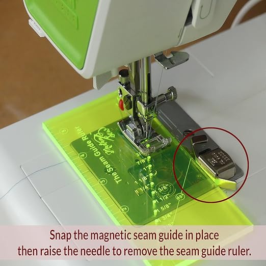 Madam Sew Seam Allowance Ruler and Magnetic Seam Guide for Sewing Machine | Perforated Seam Gauge for Perfect 1/8” to 2” Straight Line Hems | Includes 1/4” Pivot Point and 45 Degree Trim Line