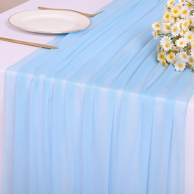 30 x 120 Inches Baby Blue Chiffon Table Runner 10ft Boho Gauze Table Runner for Wedding Decor, Rustic 120inch Long Table Runner for Wedding Bridal Baby Shower Party Decorations