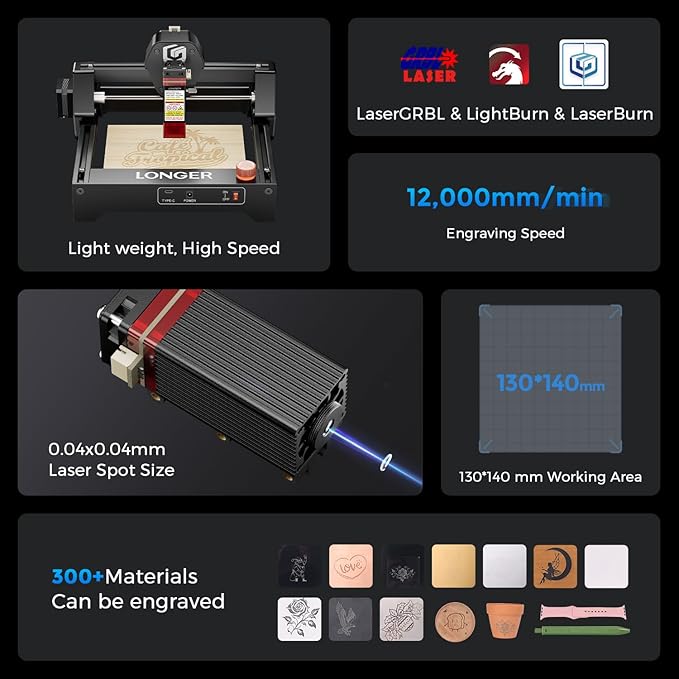 LONGER Ray5 mini Laser Engraver, 12000mm/min High-Speed Cutter for Wood, Metal, Acrylic, Leather, DIY CNC, 140x130mm Engraving Area, WiFi, Emergency Stop Safety (2.5W)