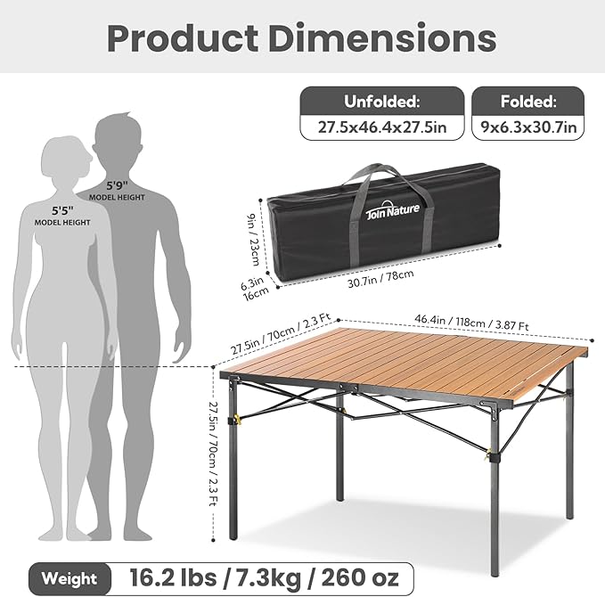Large 46.4" Camping Table for 2-6 People - 220lbs Capacity Heavy Duty Foldable Outdoor Table with Aluminum Roll-Up Top & Carry Bag, Portable Picnic Desk for BBQ, Tailgating, Backyard (Natural)