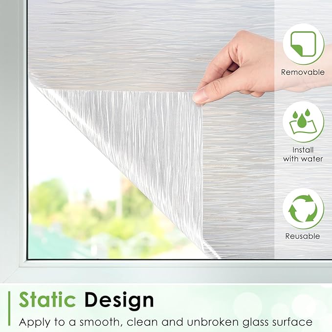 Homein Window Privacy Film, Frosted Glass Window Film Decorative, Non Adhesive Glass Clings, Static Cling Door Coverings, UV Blocking Privacy Sticker for Home, Pure Wave, 23.6 x 118.1 inches
