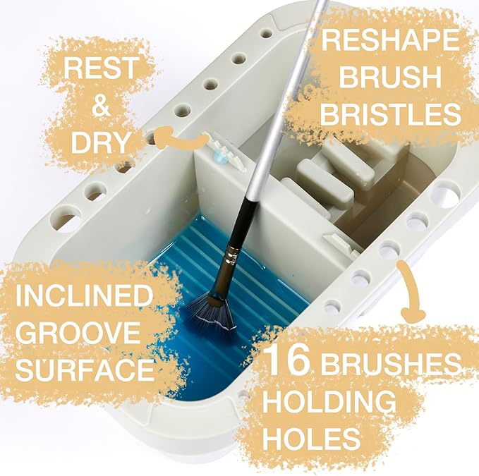 SEVENY Paint Brush Basin with Palette,Painting Art Supply Storage Organizer for Acrylic, Watercolor, and Water-Based Paints(Grey)