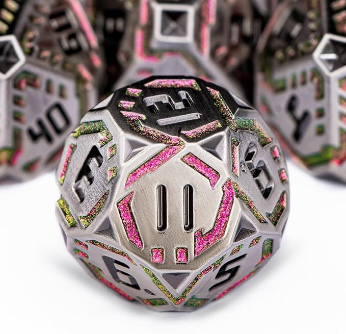 Metal DND Sci-fi Dice Set 7PCS Stripe Polyhedral Dice for Dungeons Dragons RPG Role Playing Game, Glitter D and D Dice with Gift Box D6 D8 D10 D12 D20 (Grey&Purple Red)