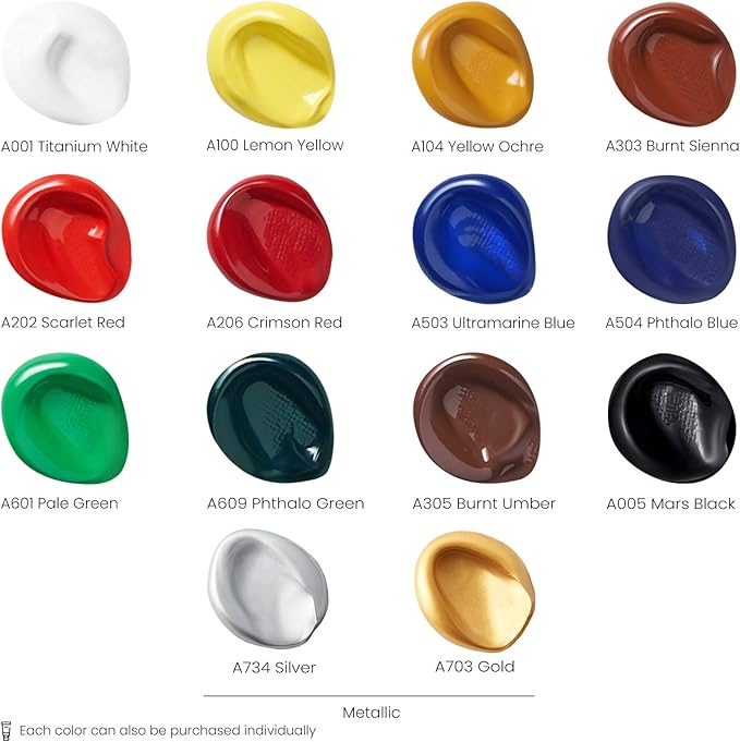 ARTEZA Acrylic Paint Set of 14 Colors, 4.06 Ounce Tubes, Non-Toxic Acrylic Artist Paints. Art Supplies for Painting