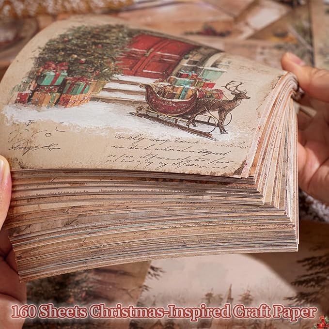 160 sheets of Christmas scrapbook paper, journaling scrapbook supplies craft collage paper set, junk journal bullet journal poster room decor for card making decorative gifts