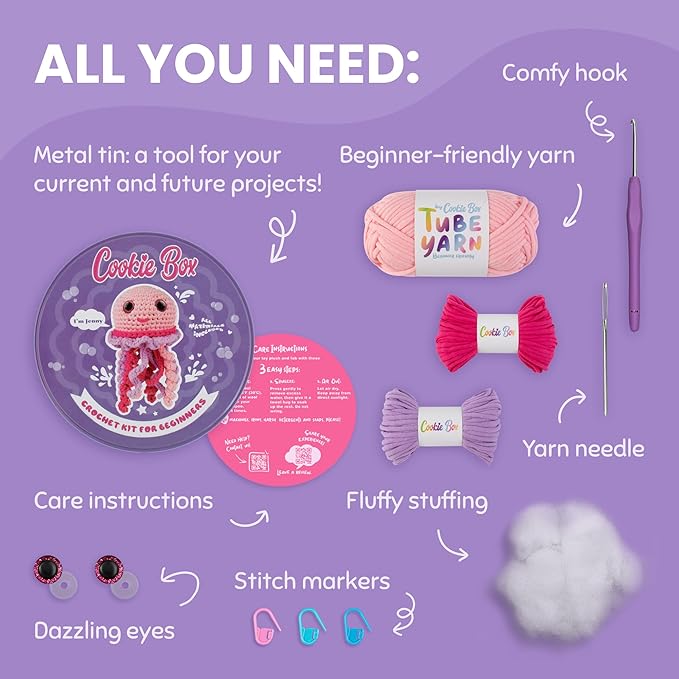 Cookie Box Crochet Kit for Beginners – Gift Set to Make Jellyfish Jenny Amigurumi Plushie – Easy DIY Crochet & Knitting Starter Kit with Video and PDF Tutorials