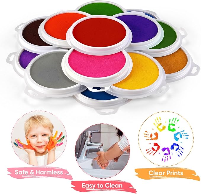 Lorzon 16 Pack Washable Ink Pads for Kids, 7" Large Round Stamp Pads for Finger Painting Rubber Stamps