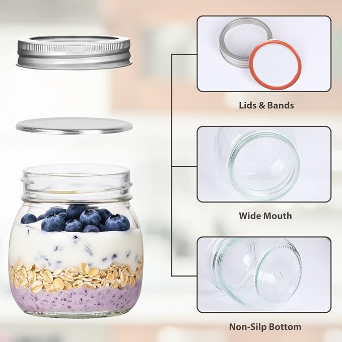 Mason Jars 8 oz 6 Pack with Silver Lids & Bands, 8 oz Glass Jars with Lids with Stickers, Tags and Jute Twine for Spice Storage, Crafts, Wedding Decor