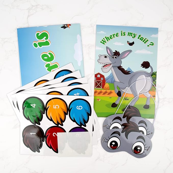 ASTARON Pin The Tail on The Donkey Game with 30 Tail Stickers for Birthday Party Carnival Circus Supplies