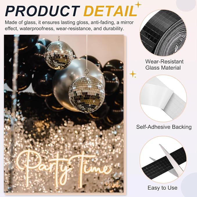 PATIKIL 5x5mm Self Adhesive Mirrors Mosaic Tiles, 3600 Pcs Square Mini Glass Mosaic Disco Tile Sticker for DIY Craft Disco Ball Party Decoration, Black