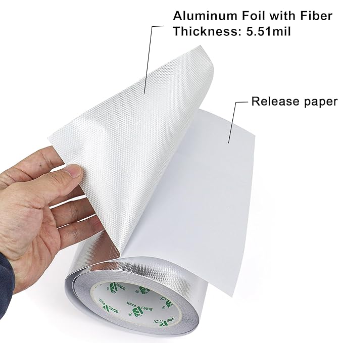 BOMEI PACK Adhesive Aluminum Foil Heat Shield Tape Barrier, Fiberglass Thermal Insulation Reflective Material High Temp Protection (7in*66ft)