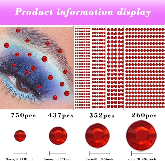 1799 Pcs 4 Sheets Rhinestone Stickers 3/4/5/6 mm Self Adhesive Rhinestones Gems for Face Eyes Makeup Hair Body (Red-3/4/5/6mm)