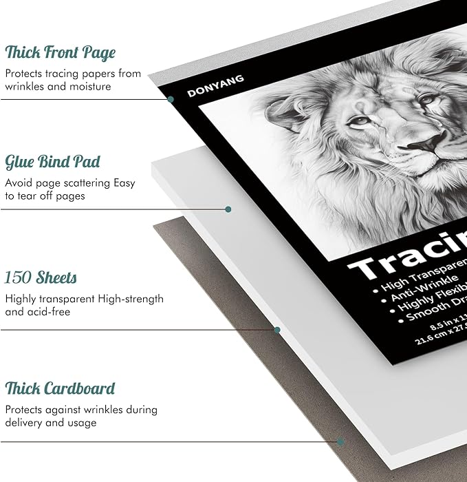 Tracing Paper 8.5x11 inch, 150 Sheets Transparent Vellum Paper for Tracing Pads, Translucent Tracing Paper for Pencil, Marker and Ink - Trace Images, Sketch, Preliminary Drawing, Overlays, Black