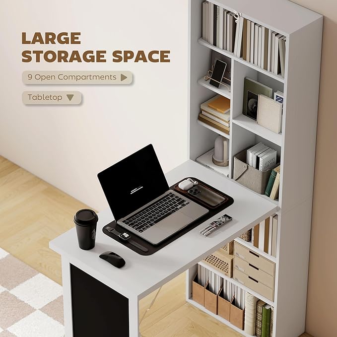 HOMCOM Fold-Out Convertible Writing Table, Wall Mount Desk Cabinet with Blackboard and Side Shelf Multi-Function Home Office Workstation, White