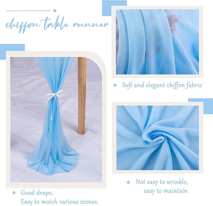 2 Packs 30 x 120 Inches Baby Blue Chiffon Table Runner 10ft Boho Gauze Table Runner for Wedding Decor, Rustic 120inch Long Table Runner for Wedding Bridal Baby Shower Party Decorations