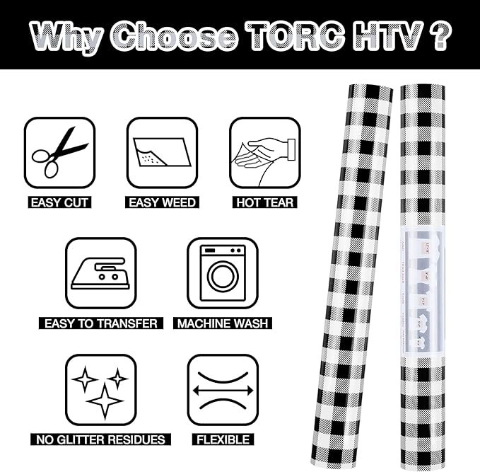 TORC Black White Buffalo Plaid HTV Vinyl 12 inch x 10 ft, Check Heat Transfer Vinyl Iron on Transfers