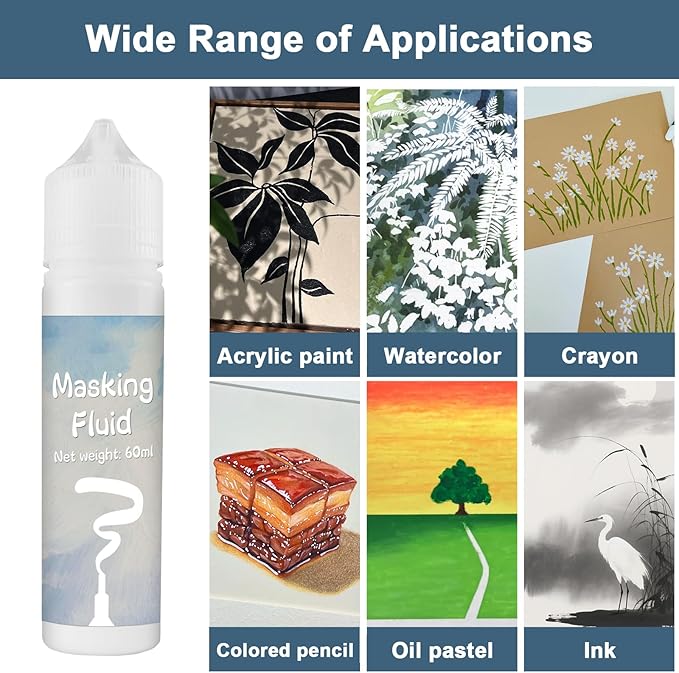 Art Masking Fluid for Watercolor Painting and Gloss Varnish for Acrylic Painting,Watercolor Masking Fluid Prevents Paint from Adhering to The Masking Area,Easily Removable, Leaving No Residue