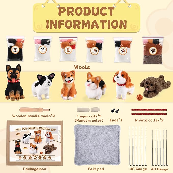 Mayboos 6 Pcs Needle Felting Kit, Animal Needle Felting Beginner Kits Wool Felt Needle Felting Tools with Instruction for DIY Craft Animal Home Decoration (Cute Dog)