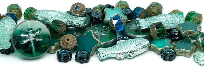 2.1oz (60g) of Glass Focal Bead Mix with Flowers, Table-Cut and fire Polish Czech Beads, PG Green
