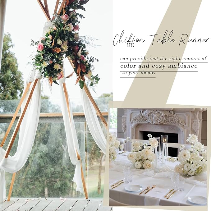 5 Packs 10ft White Chiffon Table Runner 30 x 120 Inches Romantic Sheer Table Runners for Wedding Party Bridal Baby Shower Birthday Holiday Decorations