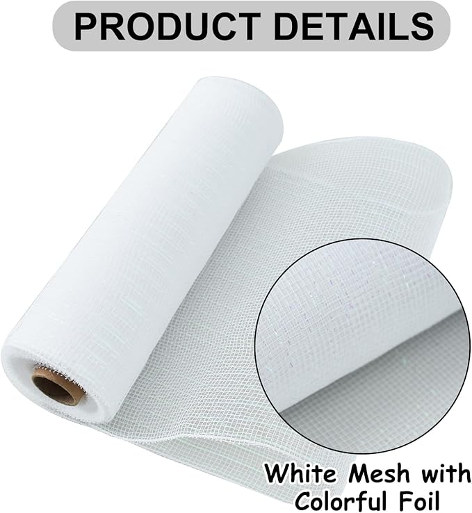 TONIFUL 2 Rolls 10 Inch White Decorative Mesh Ribbbon Rolls, Fabric Mesh with Foil for Mesh Wreath Supplies, Front Door Wreath Crafts Tree Decor Christmas NewYears Halloween Decoration (10 yds/roll)