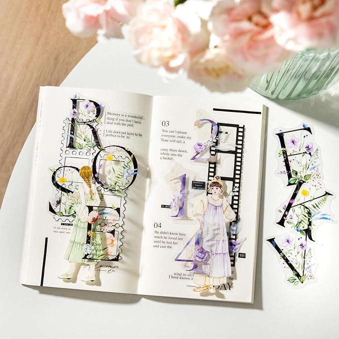 216PCS Floral Alphabet & Number Stickers Set, Waterproof Letter PET Stickers for Scrapbooking, Journaling, DIY Crafts, Card Making