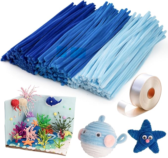 Caydo 300 Pieces Blue Pipe Cleaners, Thick Fluffy Chenille Stems, Pipe Cleaner Crafts for Arts & Crafts, Perfect for Making Animals, Flowers, and Festive Decorations