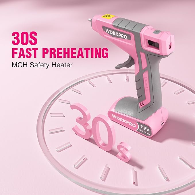 WORKPRO Pink Cordless Hot Melt Glue Gun, 7.2V Rechargeable Fast Preheating Glue Gun Kit with 20 Pc Premium Mini Glue Stick, Automatic-Power-Off Hot Glue Gun for Art, Craft, Decoration - Pink Ribbon