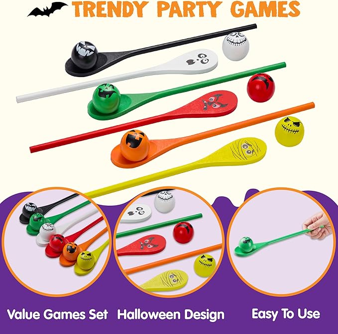 JOYIN 6 Pcs Halloween Egg and Spoon Race Game Set; Eyeballs and Spoons with Assorted Colors for Kids Adults Halloween Outdoor Fun Games, Party Favor Supplies, Classroom Activities
