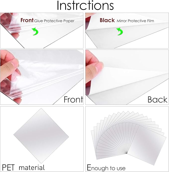 BBTO 20 Pcs Mirror Sheets, 8''x 8'' Self Adhesive Non Glass Cut to Size Mirror Stickers Tiles, Safe Unbreakable Plastic Small Frameless for Classroom, Childroom & DIY Craft