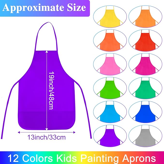 Kids Painting Aprons 24 Pieces 12 Colors Kid Art Apron with 2 Roomy Pockets Kids Aprons for Art Painting Activity Kitchen Crafts