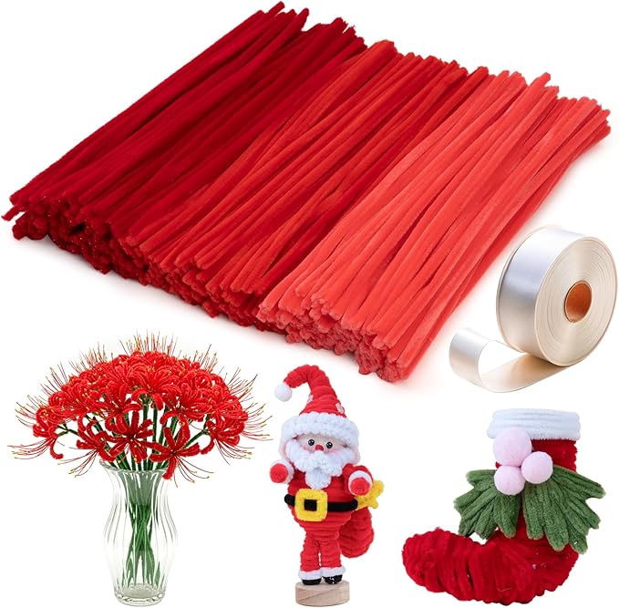 Caydo 300 Pieces Red Color Pipe Cleaners Craft Chenille Stems for DIY Art Creative Crafts Party Christmas Decorations (12 Inch x 6 mm)
