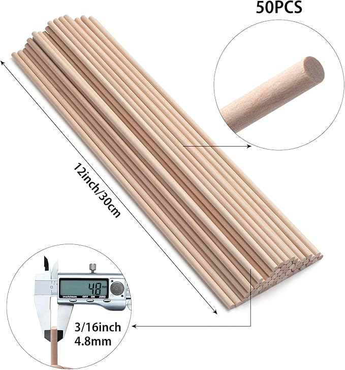 Wooden Dowel Rods Wood Dowels for Craft 3/16 x 12, 50 PCS Round Wooden Sticks for Crafts, Macrame Dowels, Unfinished Hard Wood Sticks for Crafting, Tiered Cake Support and Photo Props, Ribbon Wands