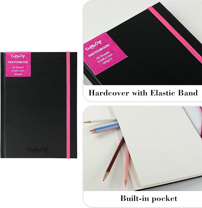 CuppaClip Sketch Book Hardcover Drawing Pad 300GSM Acid-Free Paper Spiral Bound Sketchbook 50 Sheets/100 Pages Art Supplies (Hardcover, 8.3x11.8in)