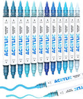 Guangna 12 Blue Dual Tip Acrylic Paint Markers, Brush Tip & Chisel Tip Acrylic Paint Pens for Rock, Wood, Glass, Paper, Coloring Book, Ceramic, Canvas, Water-Based Ink