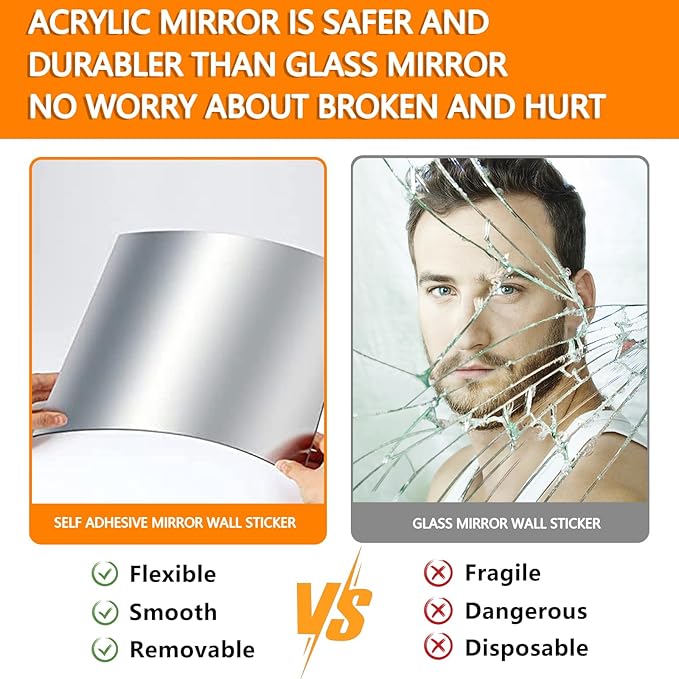 8PCS Self Adhesive Acrylic Mirror Tiles, Flexible Mirror Sheets Wall Stickers, Frameless Non-Glass Mirror Stickers Reflective Mirror for DIY Craft, Home Wall Decor (20 * 20cm,2mm)