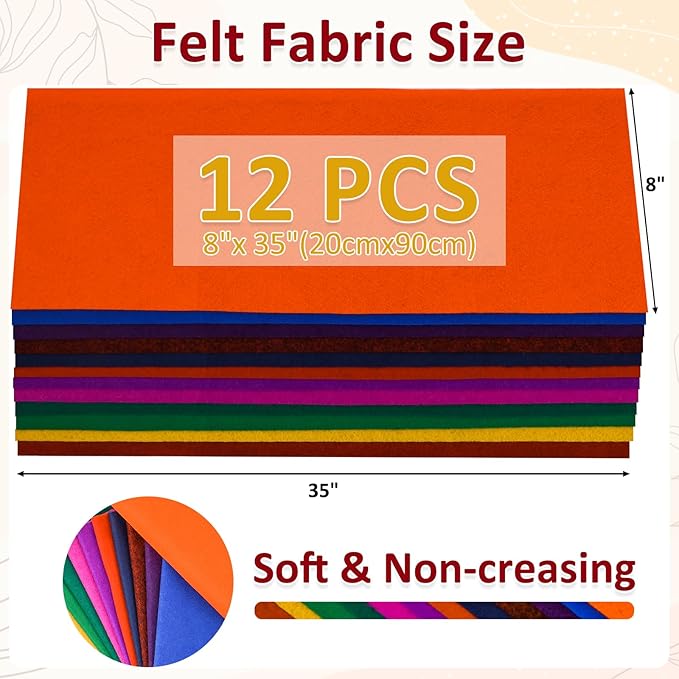 XSEINO 12 Rolls 8"x35" 1.4mm Thick Soft Felt Fabric Sheet 12 Assorted Dark Series Colors Felt Pack for DIY Craft Sewing Squares Nonwoven Patchwork
