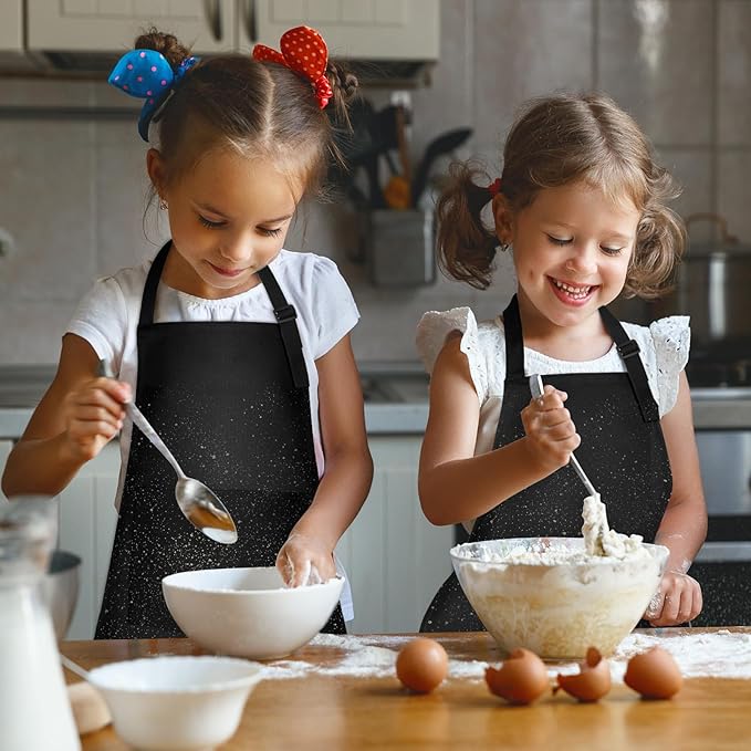 PLULON 4 Pcs Kids Apron with Pocket Adjustable Kids Chef Apron Set for Painting Cooking Baking Grilling Crafting (Black)