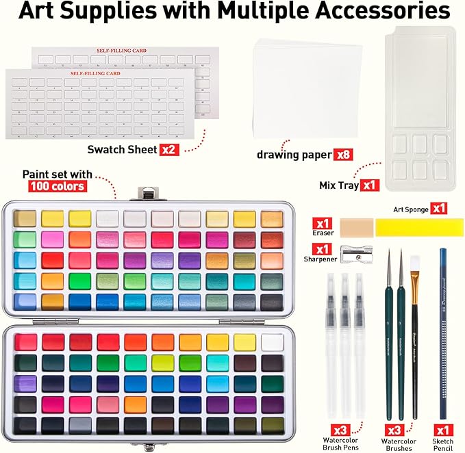 Watercolor Paint Set 100 Colors botkc Travel Water Colors kit with 7 Brushes 8 Watercolor papers Palette set Including Metallic and Accessories Art Supplies Gifts for Kids Artists Teens Adults and Hobbyists