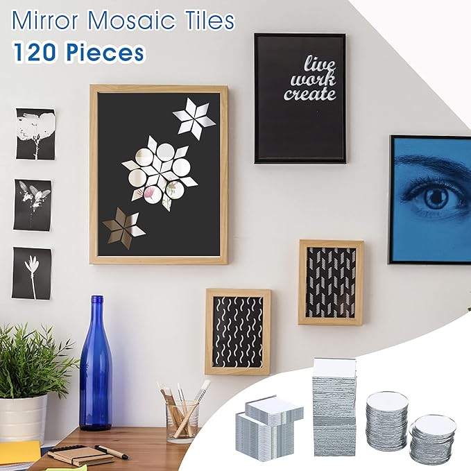 Prasacco 120 Pcs Small Mirrors for Crafts, 3 Shapes Mirror Pieces for Crafts, Square Diamond Round Craft Mirror DIY Mirror Mosaic Tiles for Disco Ball Lamp Framing Decoration