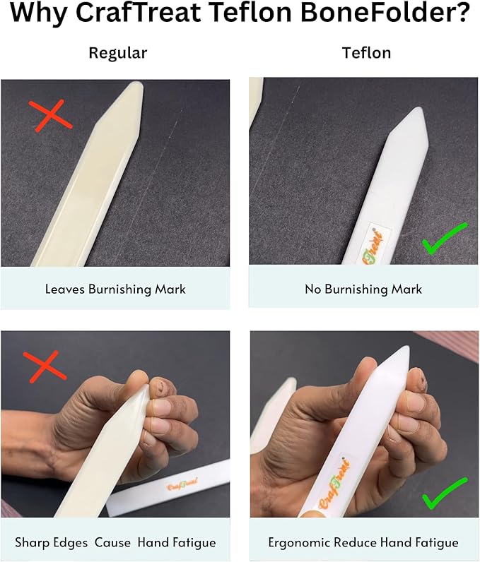 CrafTreat Large Teflon Bone Folder Tool for Paper Crafting and Scrapbooking - 2 Pcs - Creaser and Scorer for Card Making, Origami - Book Binding Tool - Smooth, Non Stick, Ergonomic Tools (Large 2 pcs)
